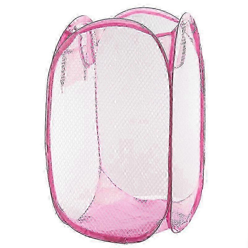Foldable Up Easy Open Mesh Laundry Clothes Hamper Basket for Dorms (Pink)