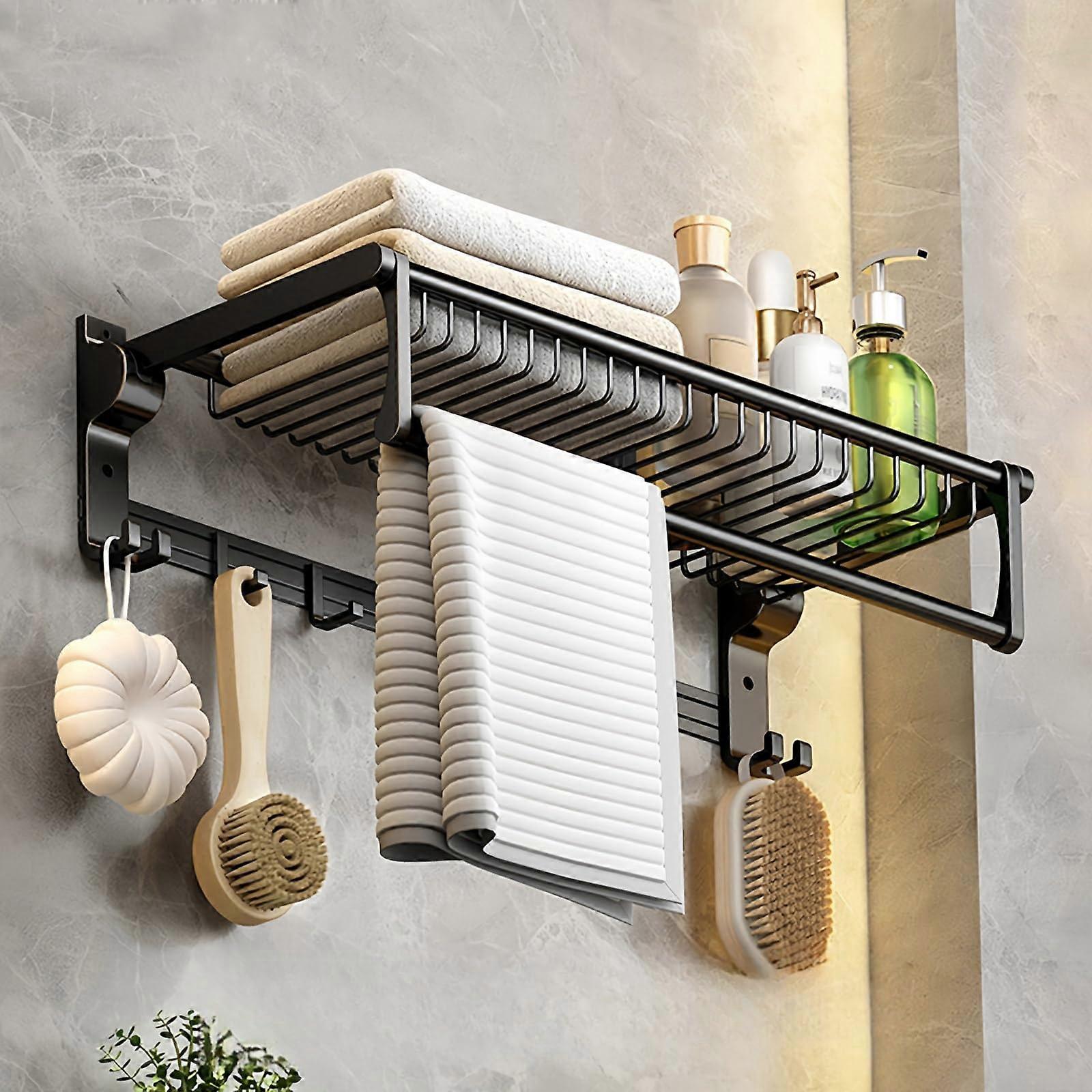 24inch towel holder with towel bar, foldable bath towel rack with basket, wall mount, matte black