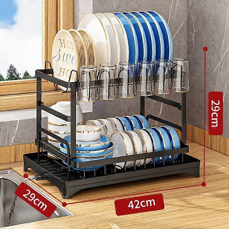 2-Layer Dish Drying Rack Large Capacity Dish Drainer Organizer Cup Holder and Utensil Holder with Dr