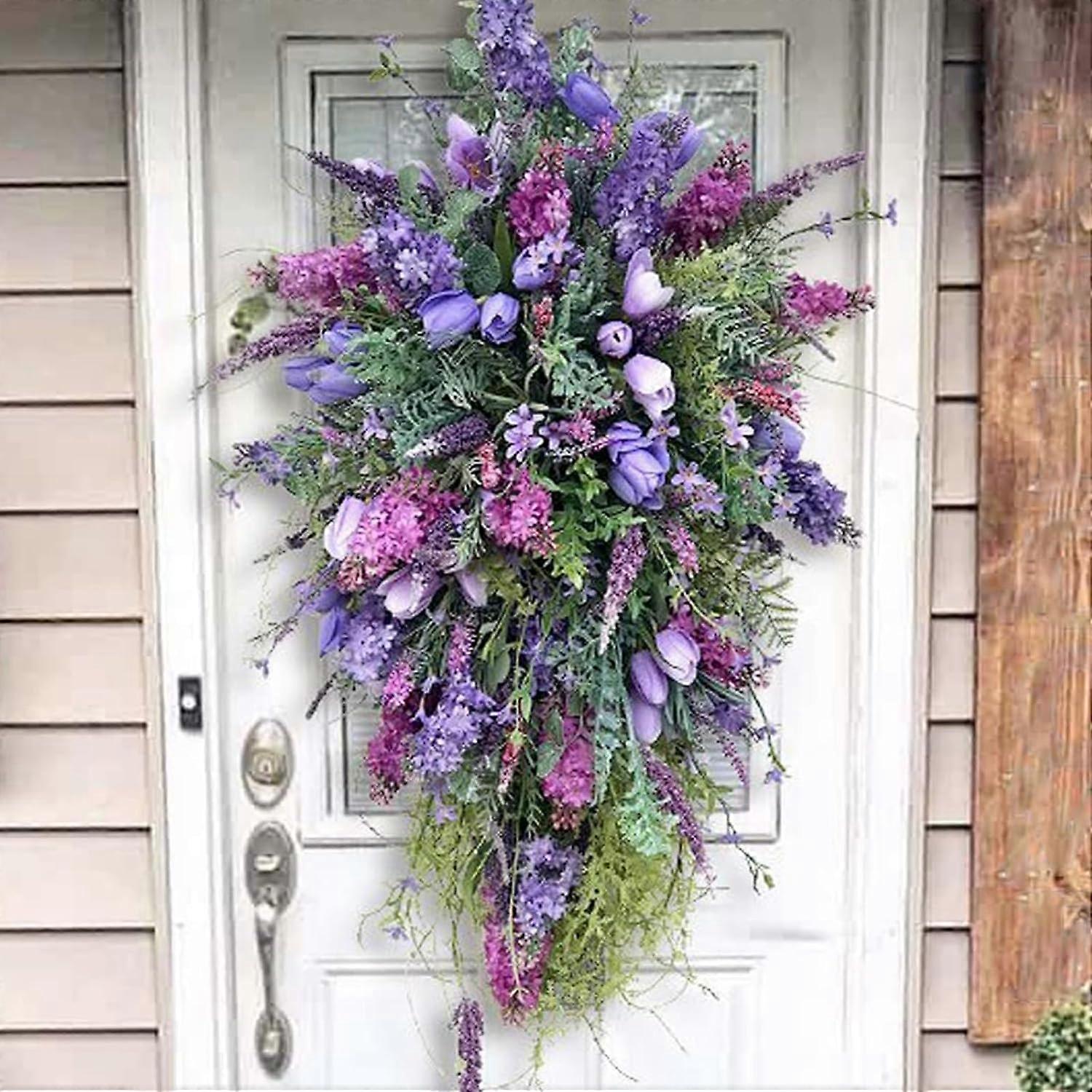 Purple Floral Teardrop Wreath - Artificial Tulip & Lavender Swag for Front Door, Spring/Summer Home Decor