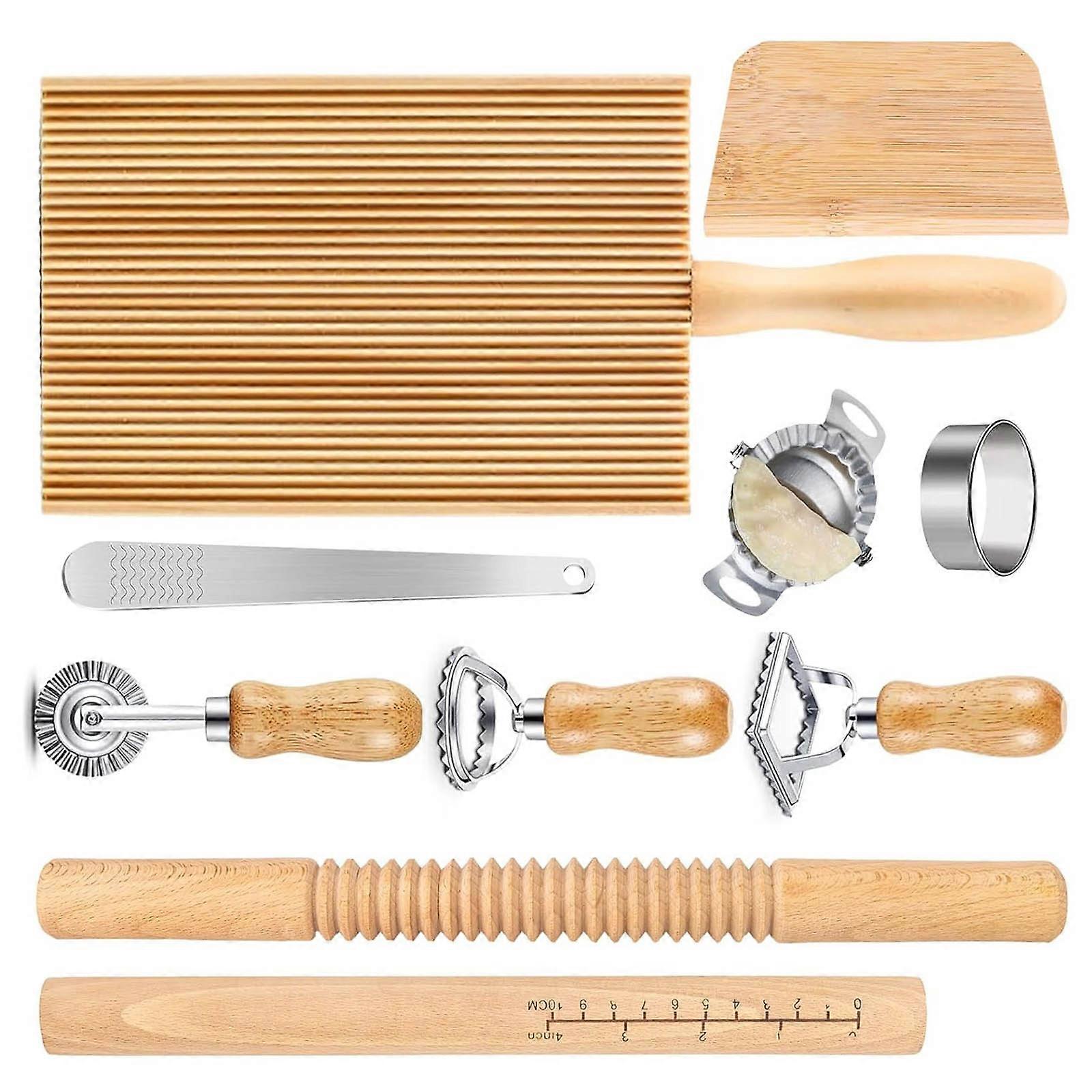 Pastas Making Set Wood Rolling Pin with Scales Gnocchi Board Dough Scraper and Ravioli Stamp Cutter Suitable for Kitchen Multicolor
