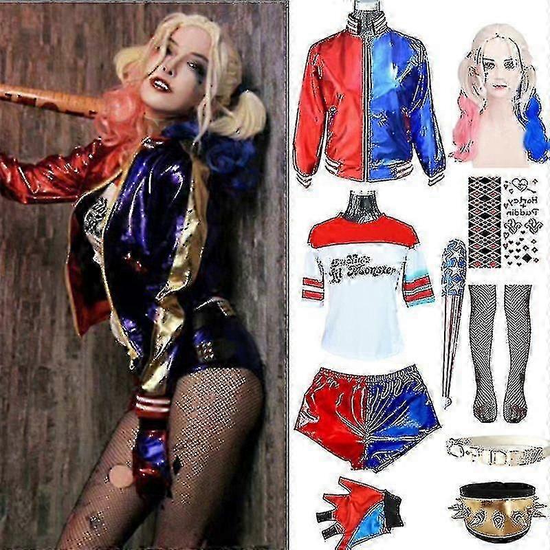 الكبار هارلي الأزياء كوين هالوين تي شيرت براسر سترة حزام مع شعر مستعار ملابس حزب رأس السنة الجديدة