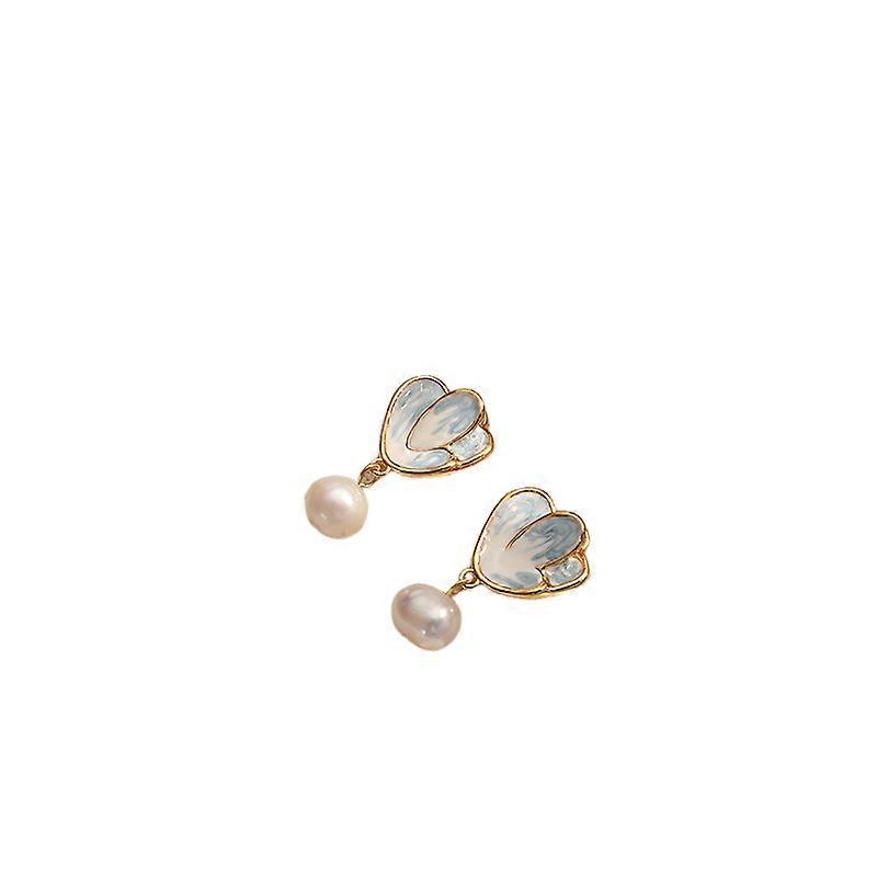 Freshwater Pearl Oil Drop Glaze Flower Earrings Women's Retro Elegant Earrings Niche High-end Earrings-Blue