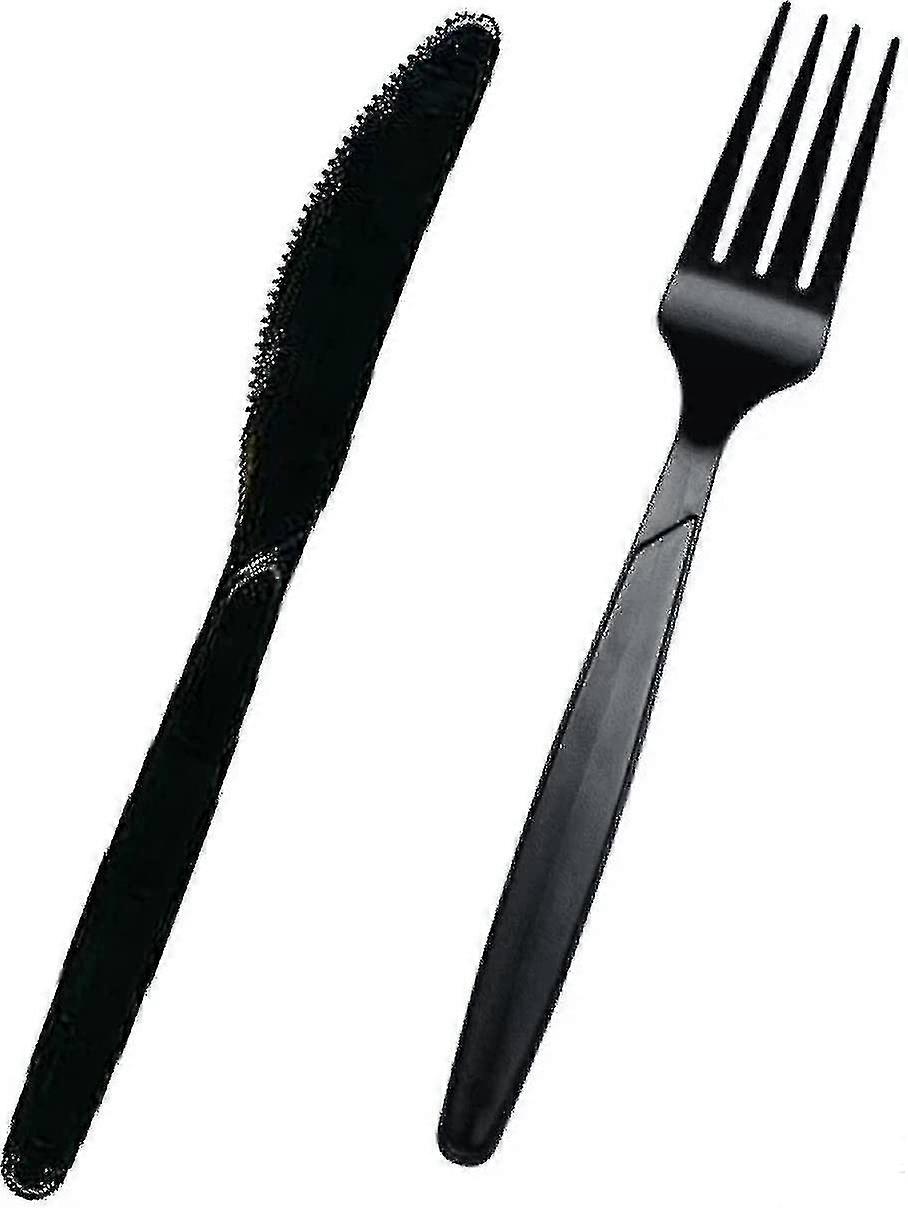 200 Pc Set Black Plastic Cutlery 100 Forks 100 Knives Reusable Heavy Duty for Parties Everyday Tableware Dinner