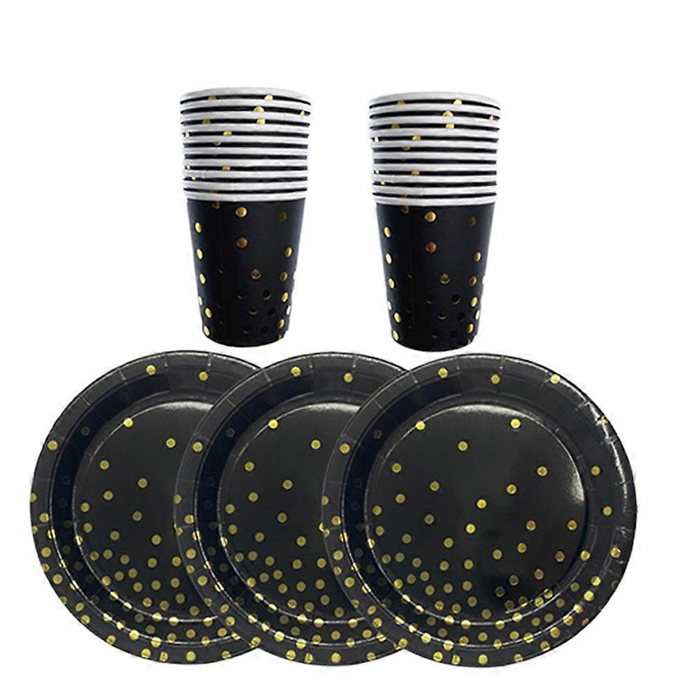 Birthday Tableware Paper Plates Set for Party Use 1Set Black Gold Stamping