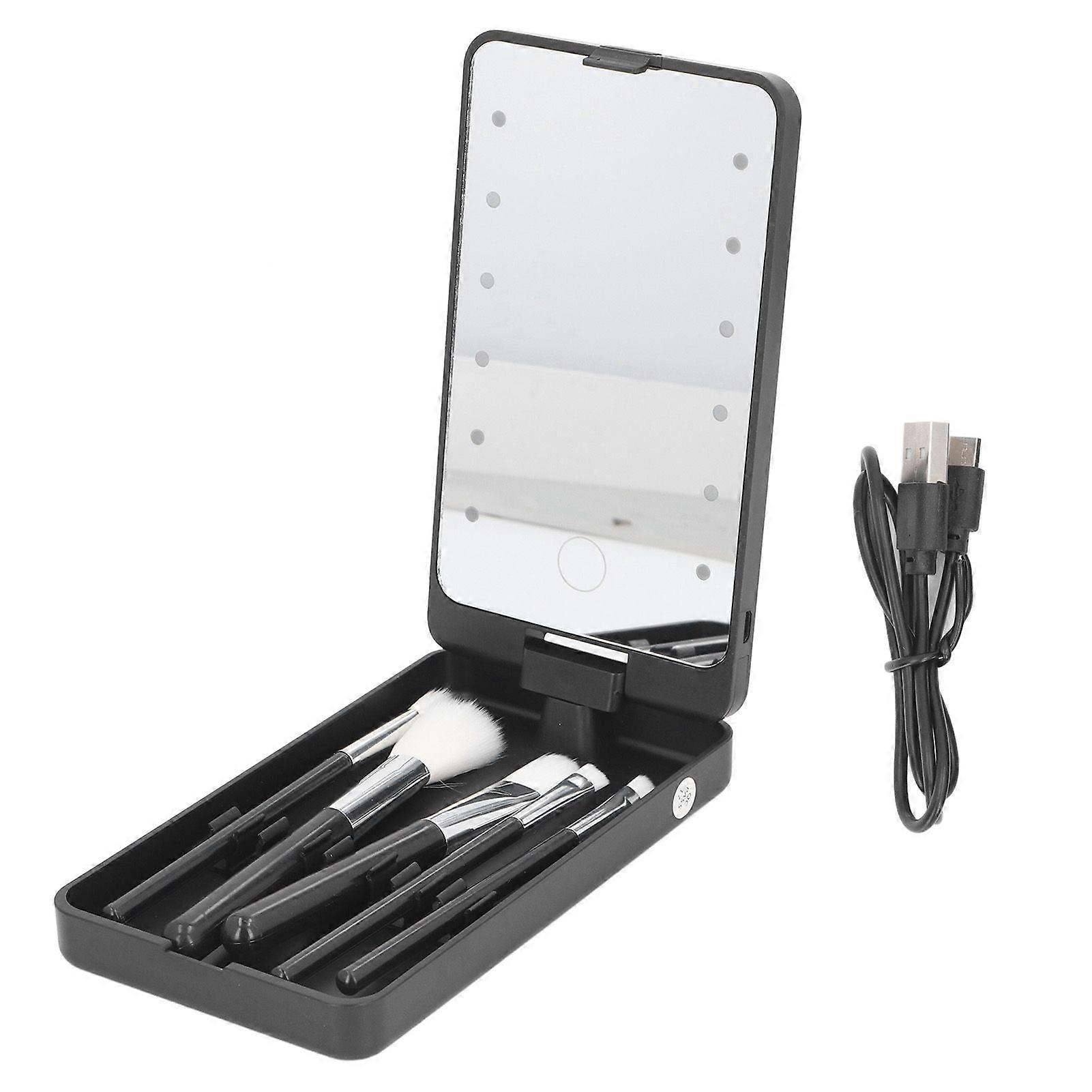 Foldable Travel Mirror Bag Portable Touch Switch LED Light Rotating Mirror Case for Makeup Black