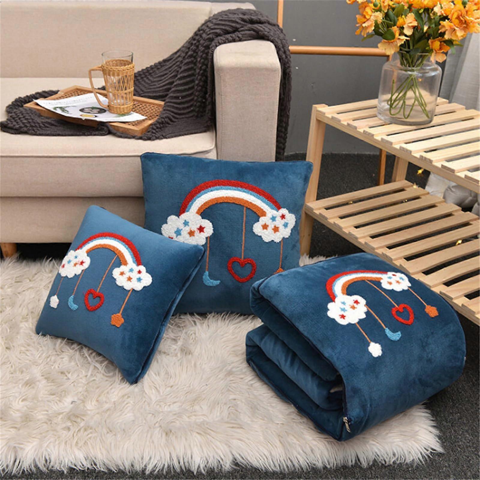 Pillow Blanket 2 In 1 Travel Large Comfort Dual Purpose Cushion 50x50cm Rainbow Sapphire Blue For Sofa Bed Office Rest