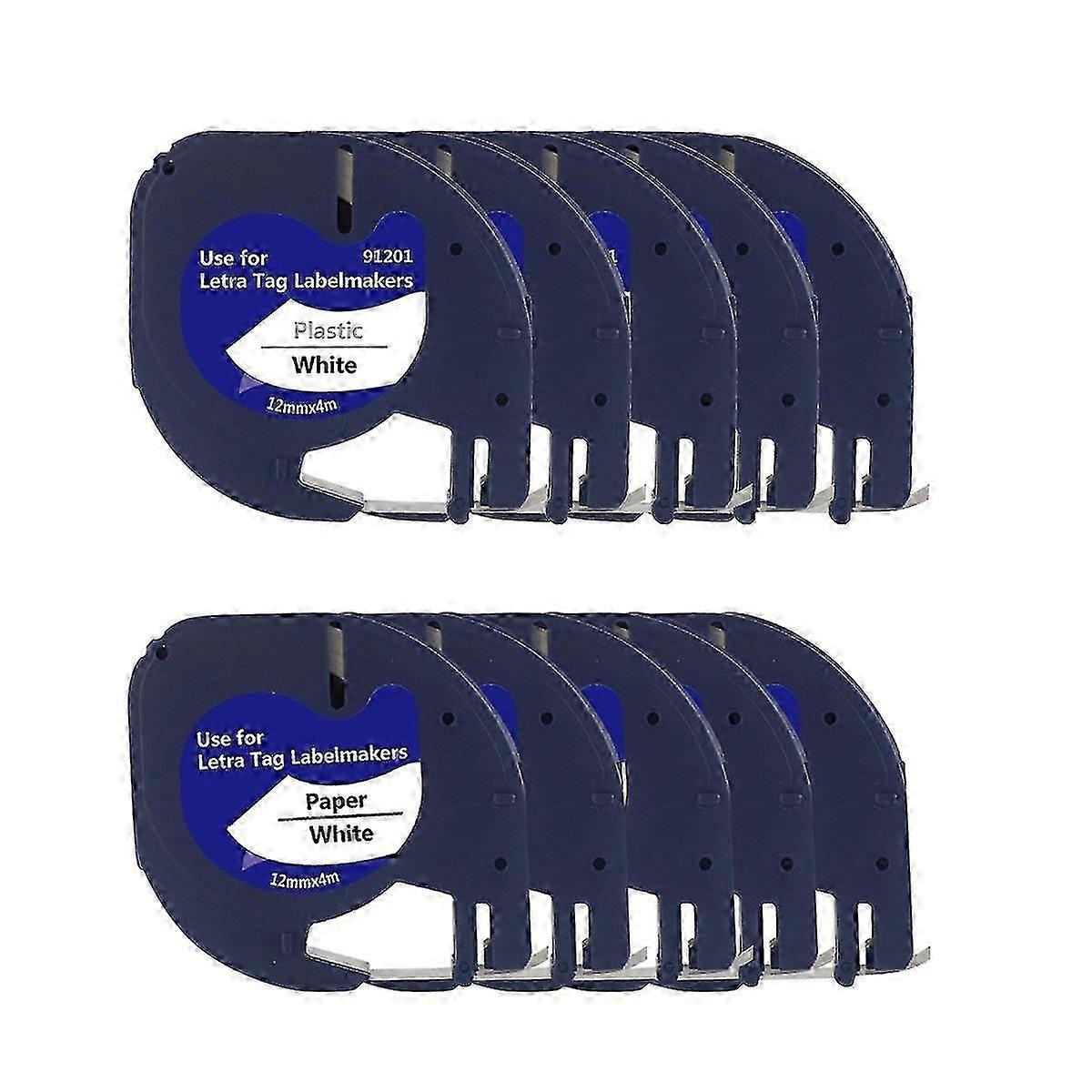 For Dymo LetraTag Label Maker Refills - 12mm x 4M White Plastic Tape for LetraTag Plus LT Labeler (10-Pack)