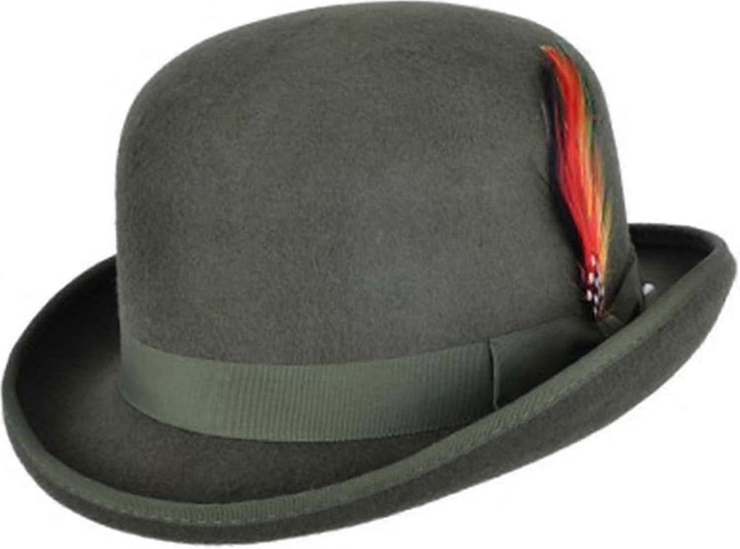 Unisex Hard Top Wool Bowler Hat With Feather Satin Lined Sizes S To Xl