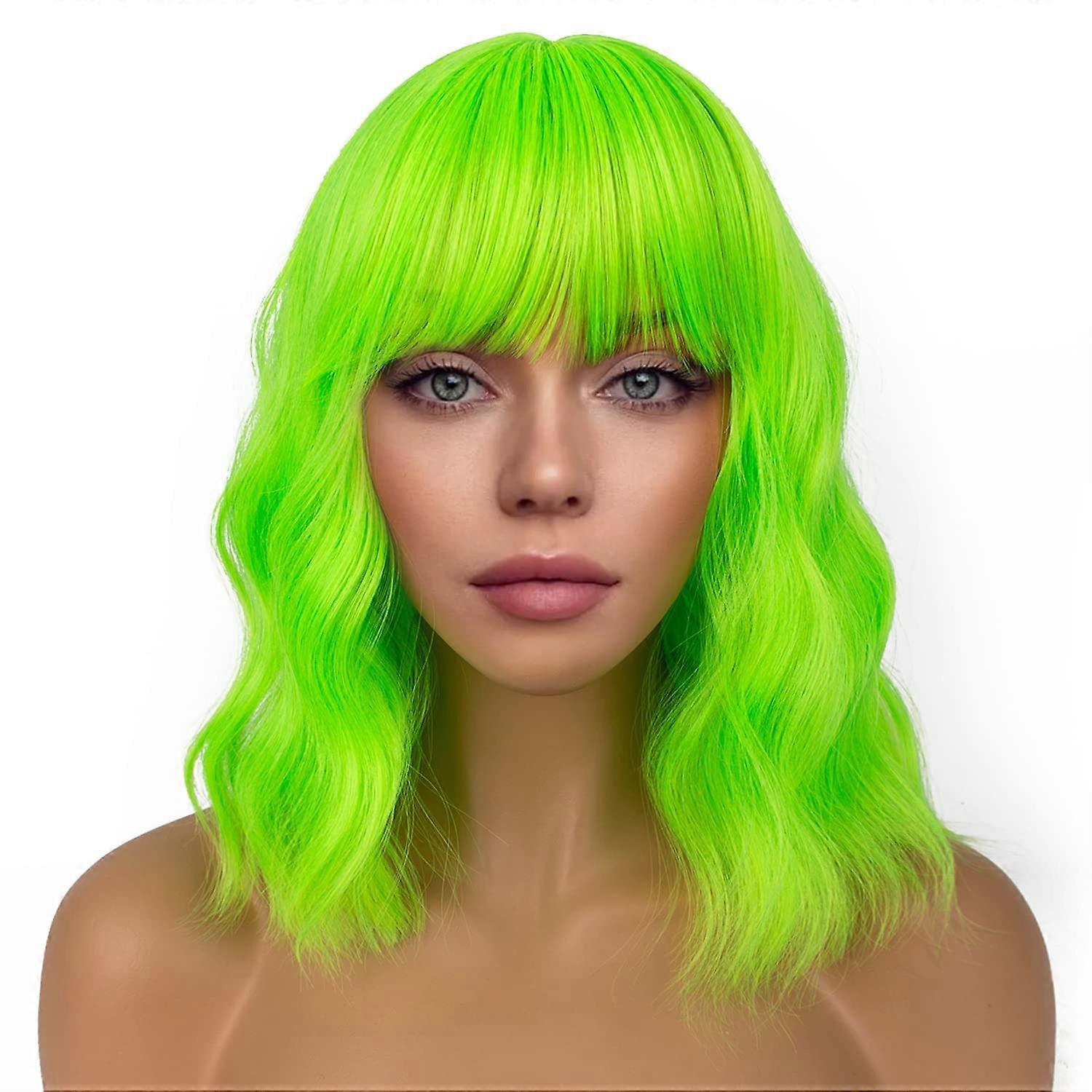 Perruque synthétique ondulée ZENGO avec frange pour femme, coupe courte bouclée, style bob, idéale pour cosplay, usage quotidien, colorée (vert fluo)