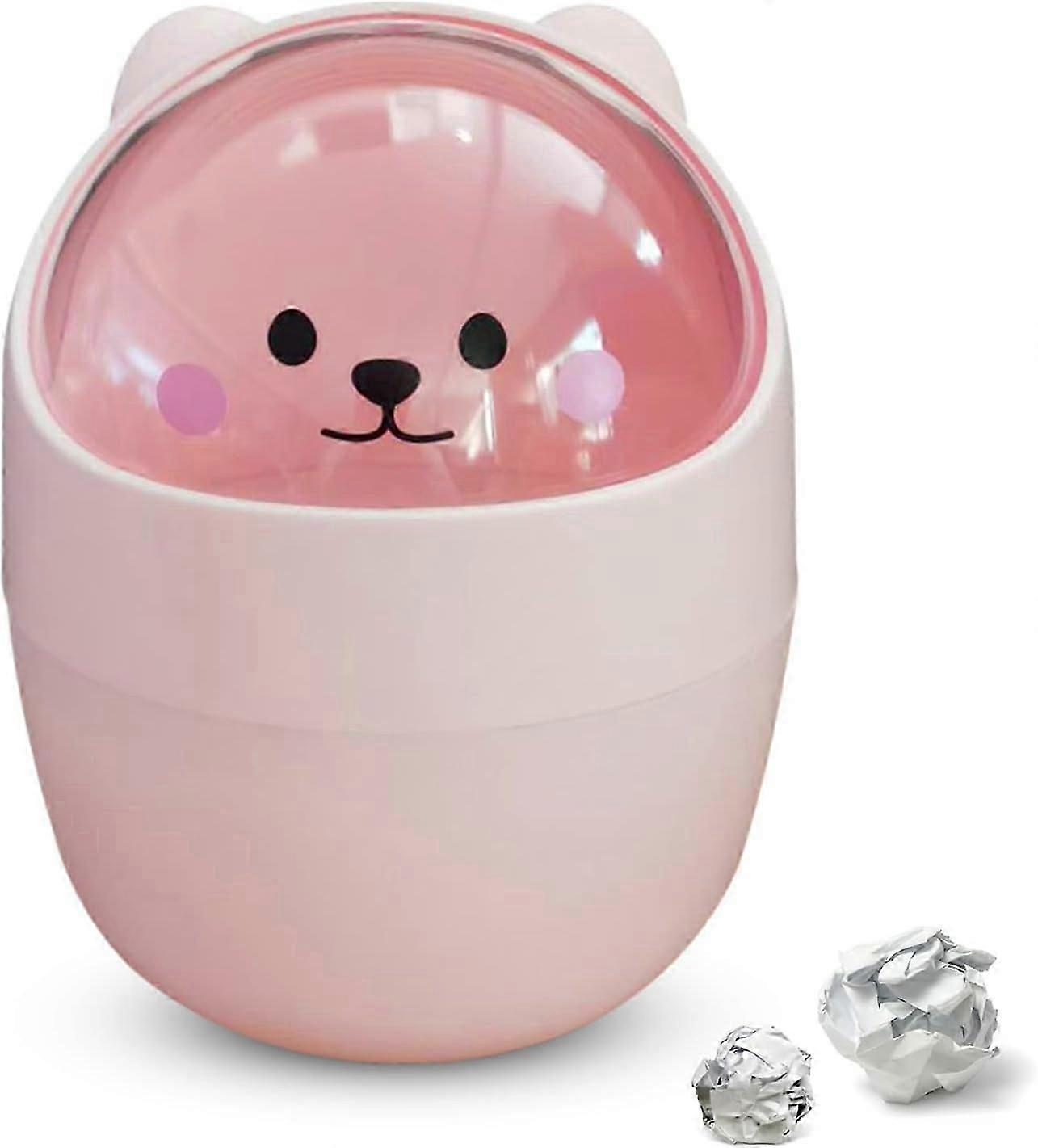 Mini trash can in office with lid, trash can in office in the shape of a cartoon bear in high quality plastic (pink)
