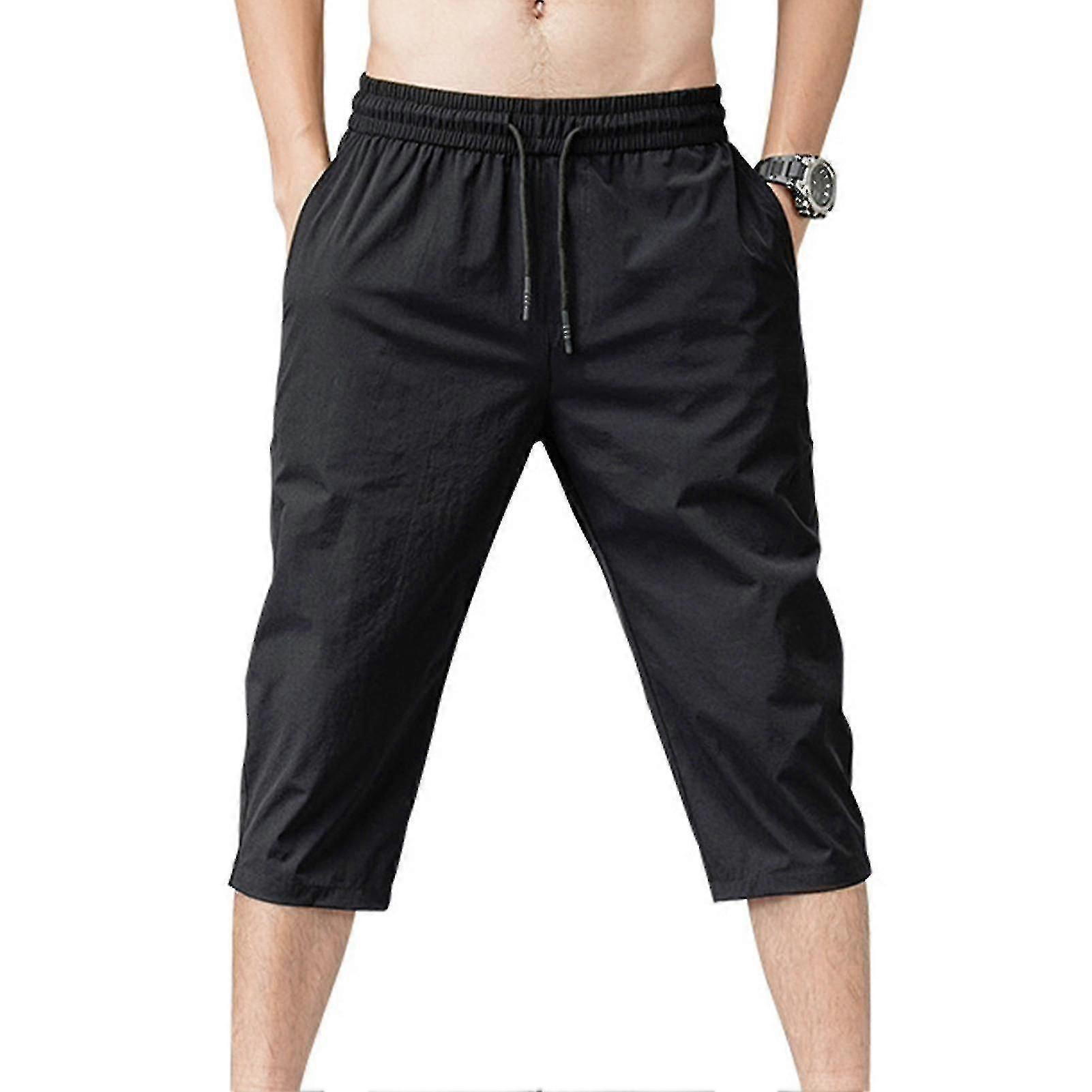 Men Elastic Waist Drawstring 3/4 Length Cropped Trousers Sweatpants-eyzi