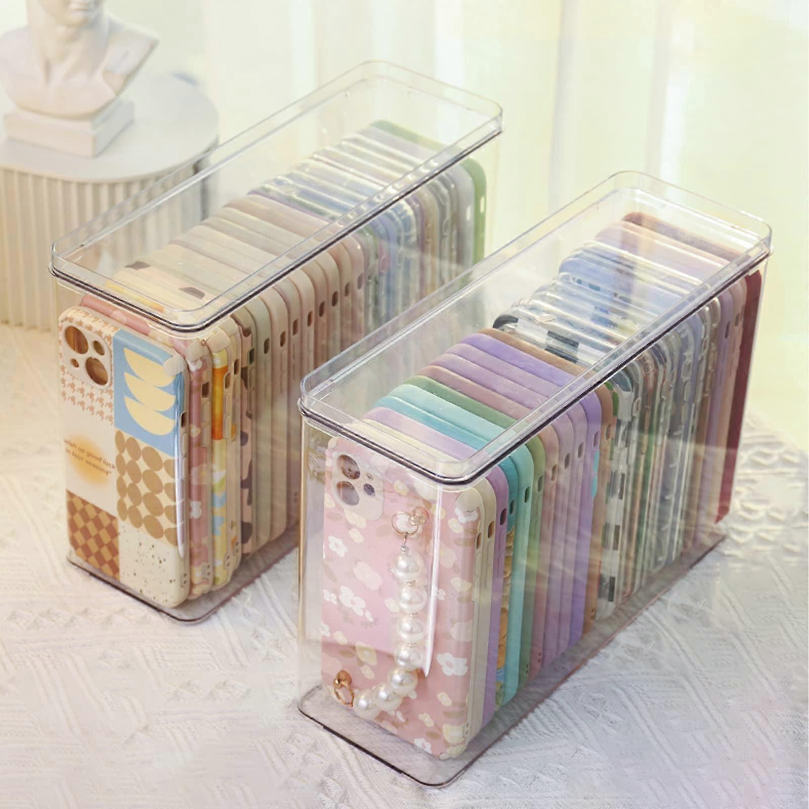 Case Organizer  Plastic Clear Storage Box With Lid, 2Pcs, For Basic Phone Cases, Desk Cupboard Cabinet Storage