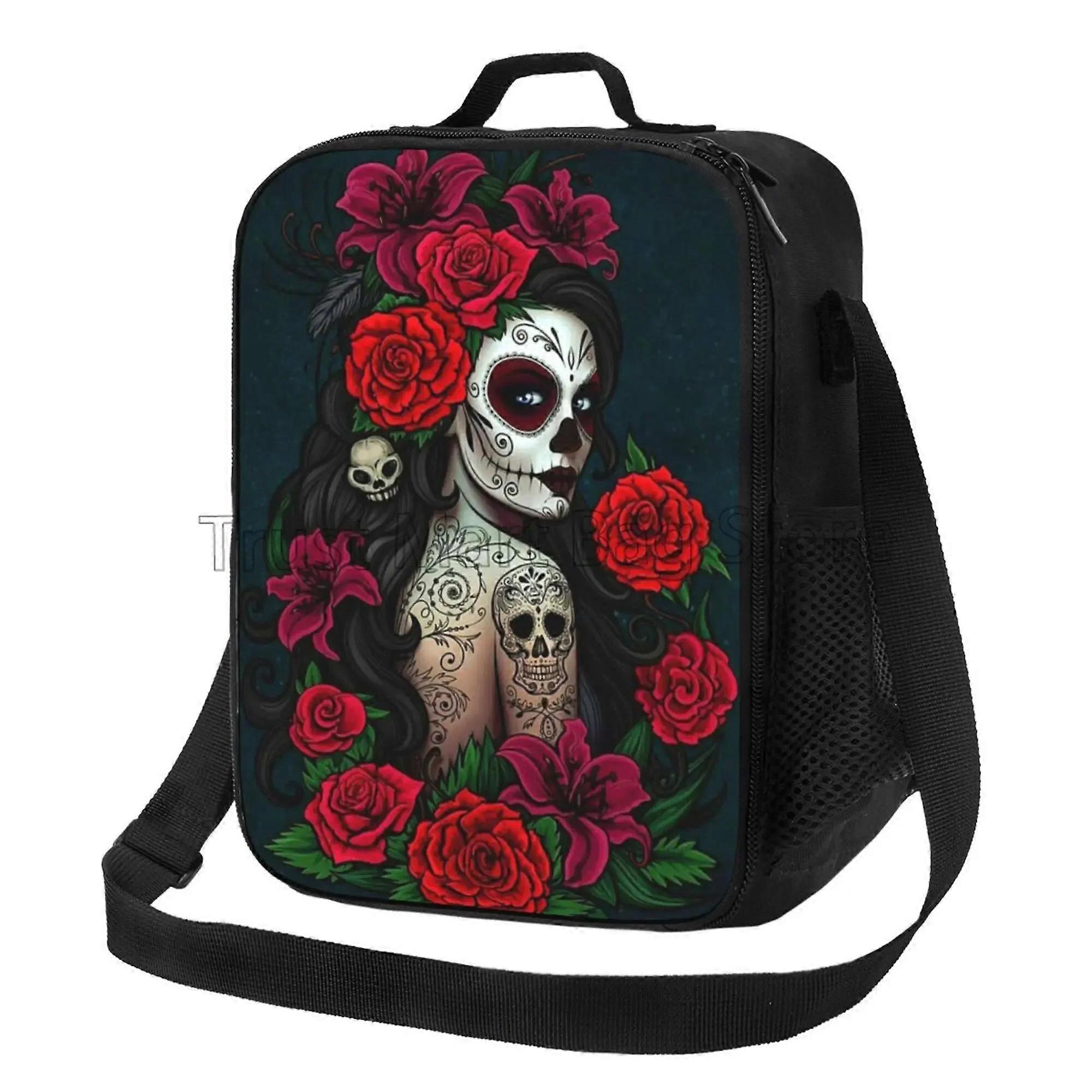 Sugar Skulls and Roses Day of Dead Insulated Lunch Bag Reusable Bento Tote with Adjustable Shoulder Strap for Work Travel Picnic