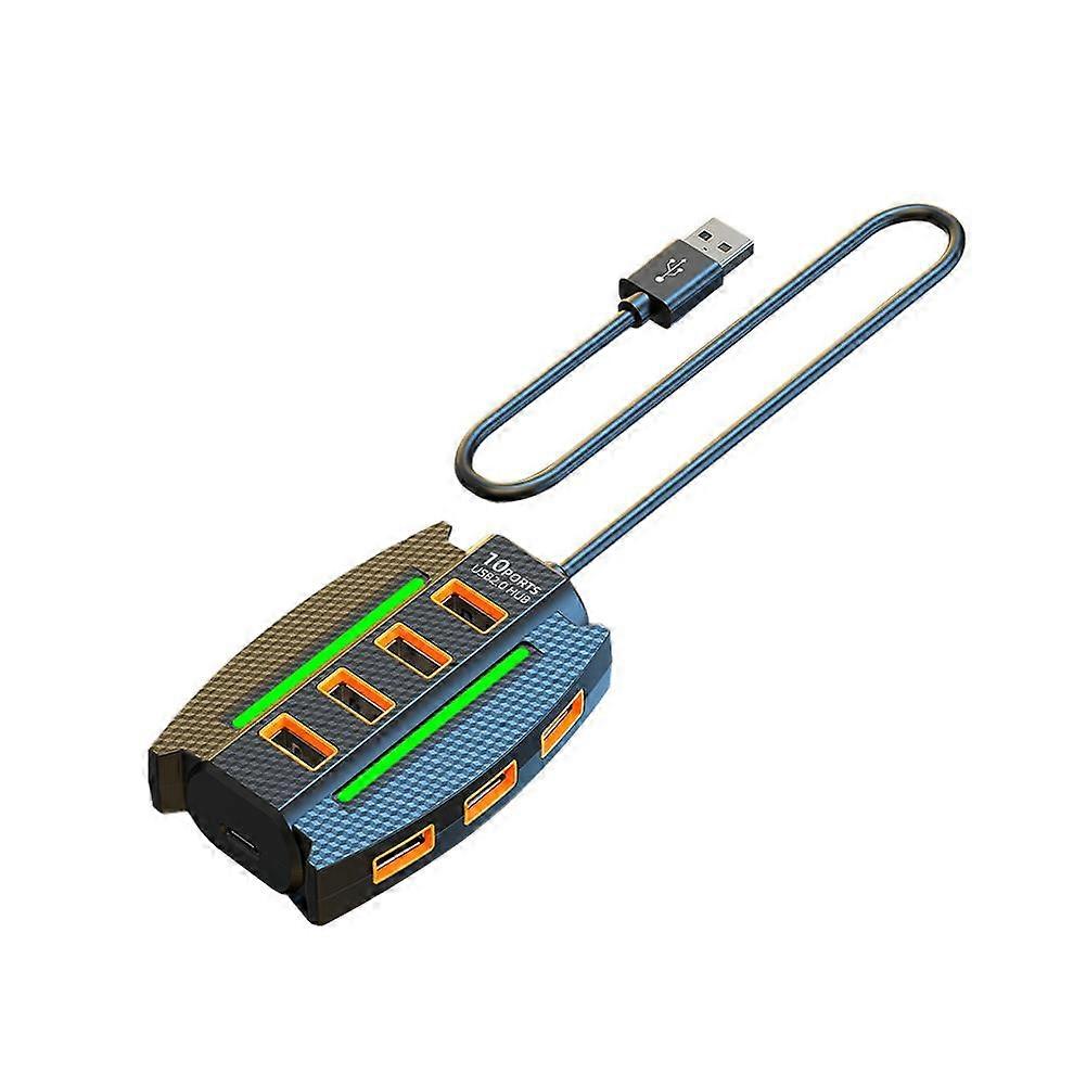 10-Port USB 2.0 Hub with Ambient Lighting Universal Splitter for Desktop and Laptop Expansion 1.2-Meter Cable Plug and Play