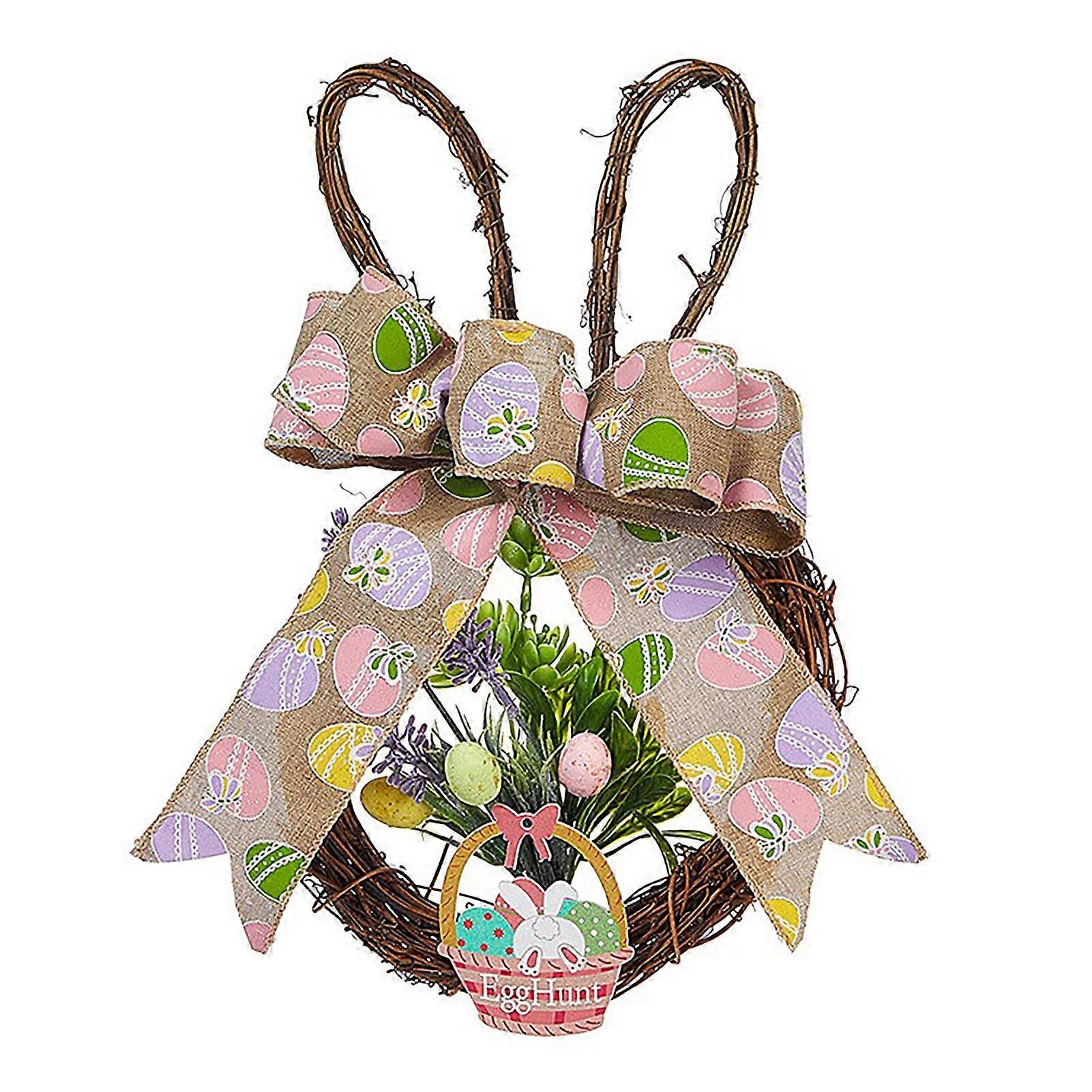 Easter Bunny Wreath with Greenery and Bow, 34cm Artificial Rattan Spring Door Decor for Farmhouse Holidays