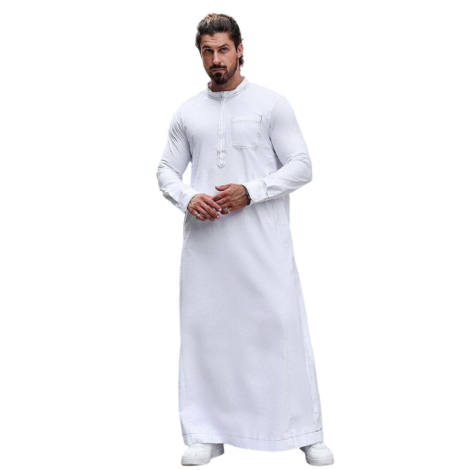 Practical Polyester Fabric Robe For Men Stand Collar And Embroidered Long Sleeves Designed For Extended Use  White XL