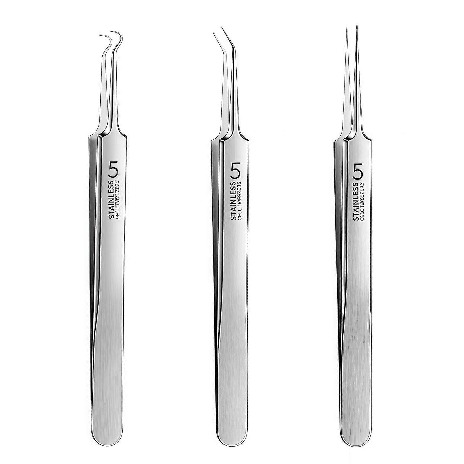 3Pcs Silver Blackhead Remover Tweezers Set with Precision Extraction Tips, Pimple Popper Tool Kit