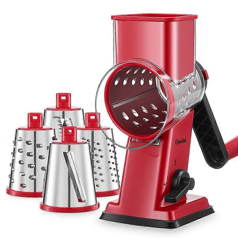 Geedel Rotary Cheese Grater 4-in-1 Shredder with Handle Durable Kitchen Tool Red Color Utensils for Effortless Cheese Preparation Vegetable 