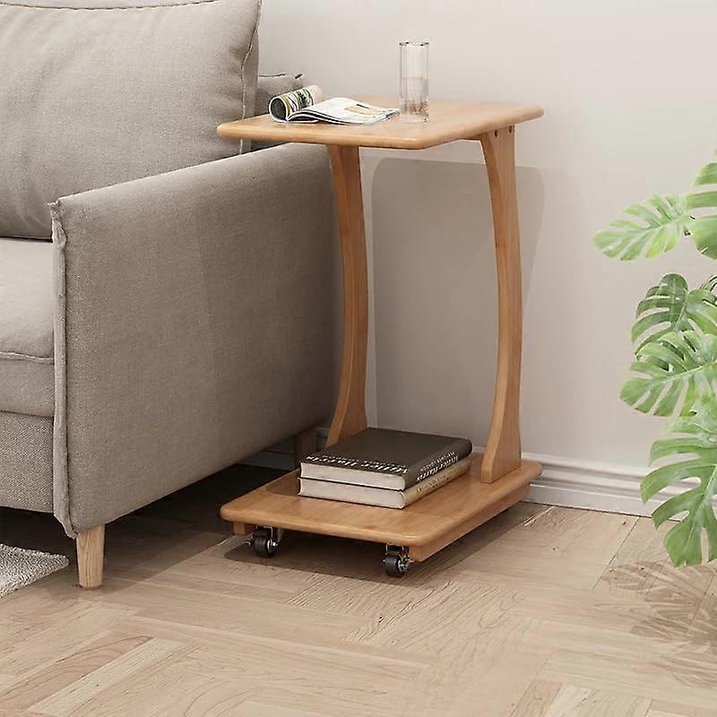 C Shaped Side Table with Wheels, Solid Wood End Table for Couch, Small Space Laptop Desk