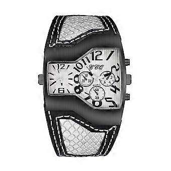 Quartzhorloge, stijlvol herenhorloge met dubbele tijdzone, grote wijzerplaat en band.