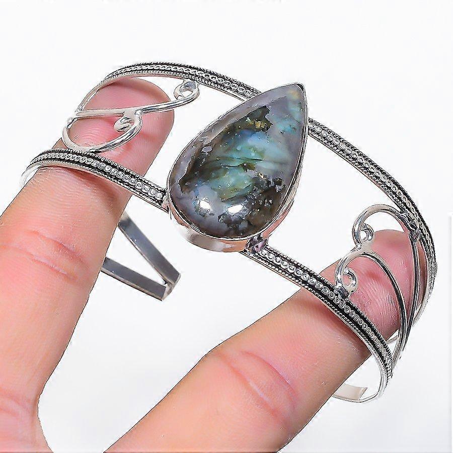 Natural Labradorite Gemstone 925 Sterling Silver Cuff Bangle Adjustable A8E71