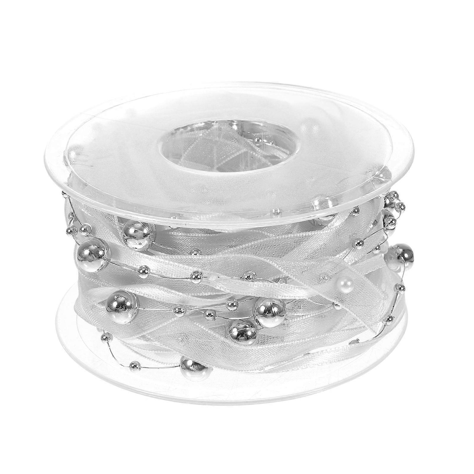 Beads Chain Silk Ribbon for Decoration Use Silver 1 Roll