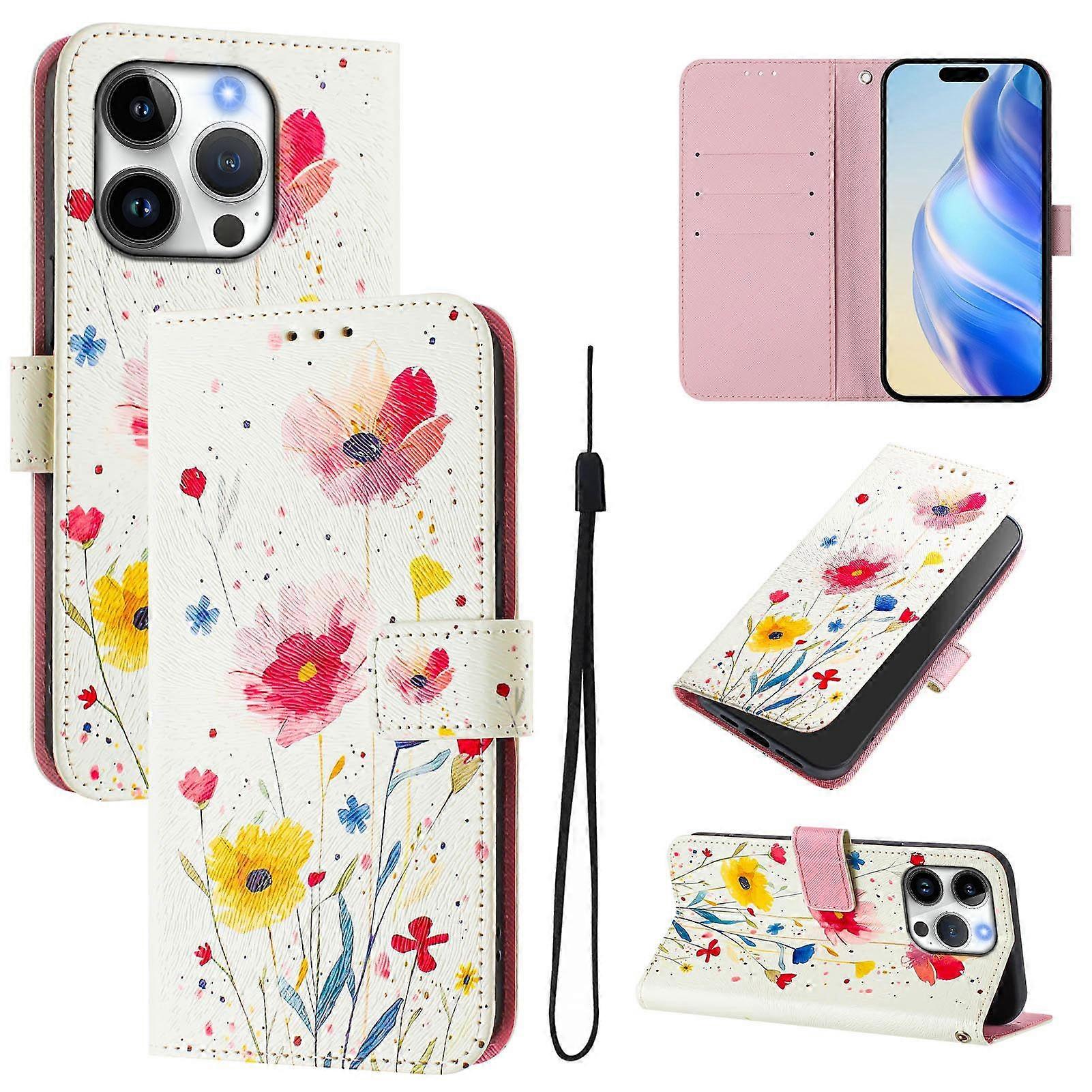 For iPhone 16 Pro Case Pattern Printing Wallet Phone Cover with Strap