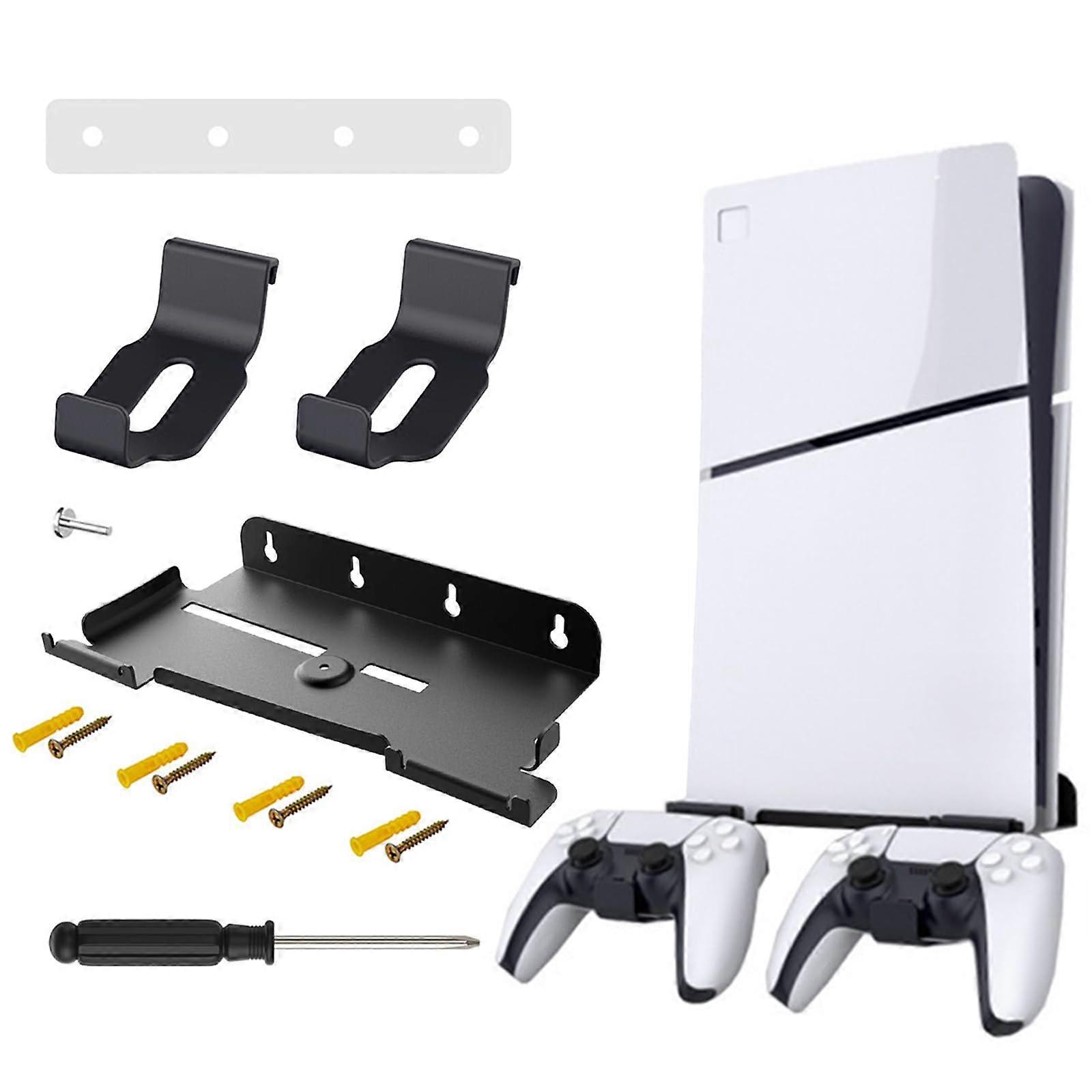 Wall Mount with Headphone Holder and Controller Hooks for PS5 Slim, SpaceSaving Steel Bracket Black