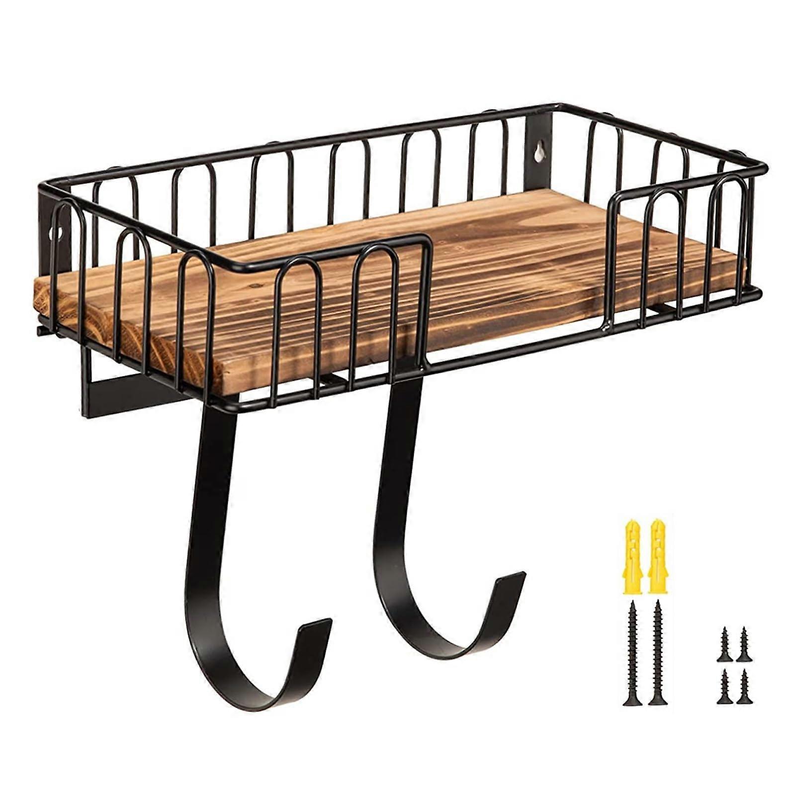 Ironing Board Holder Wall Mounted Storage Rack with Hooks Rustic Wood Shelf for Laundry Room
