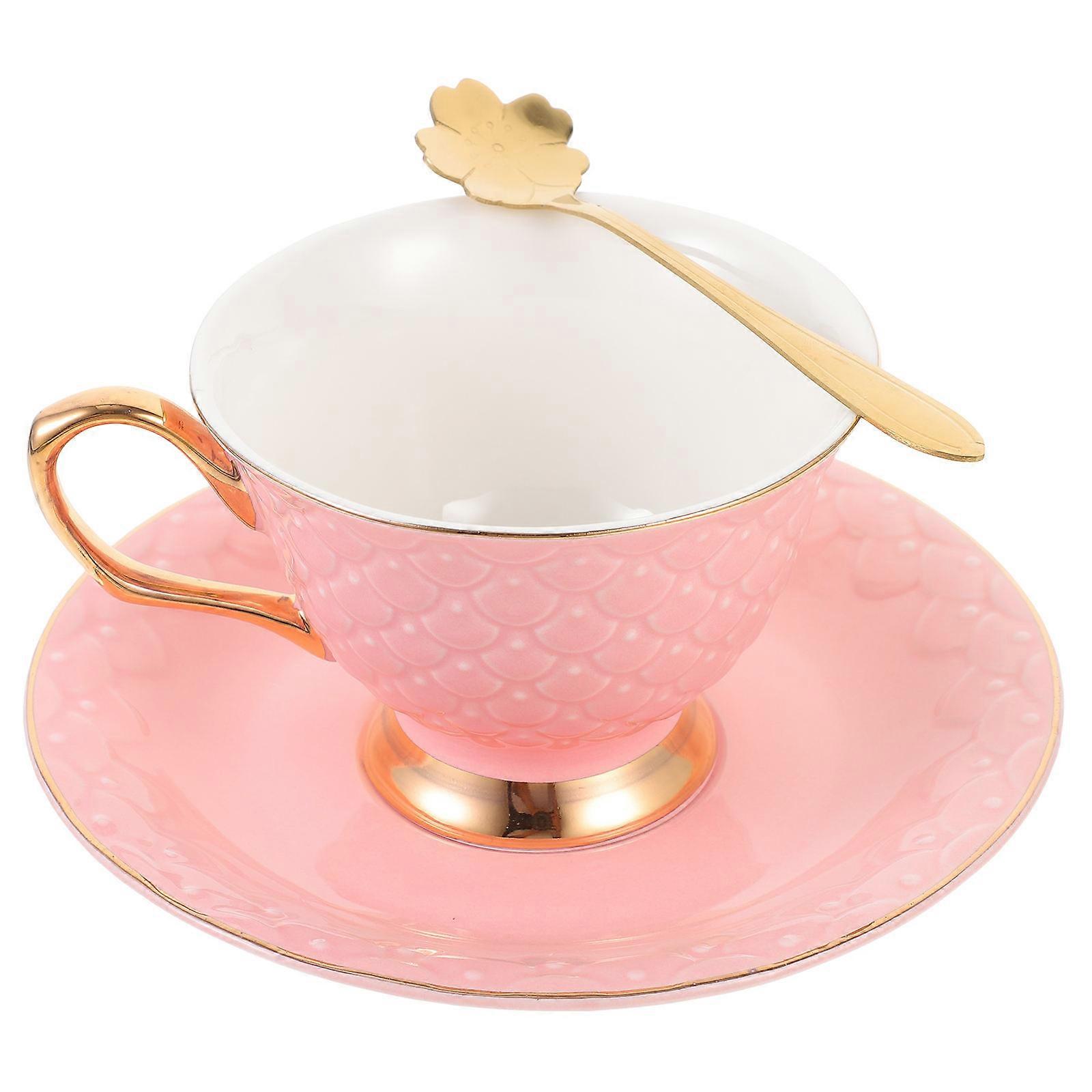 Ceramic Coffee Cup with Saucer for Home Use 1Set Pink