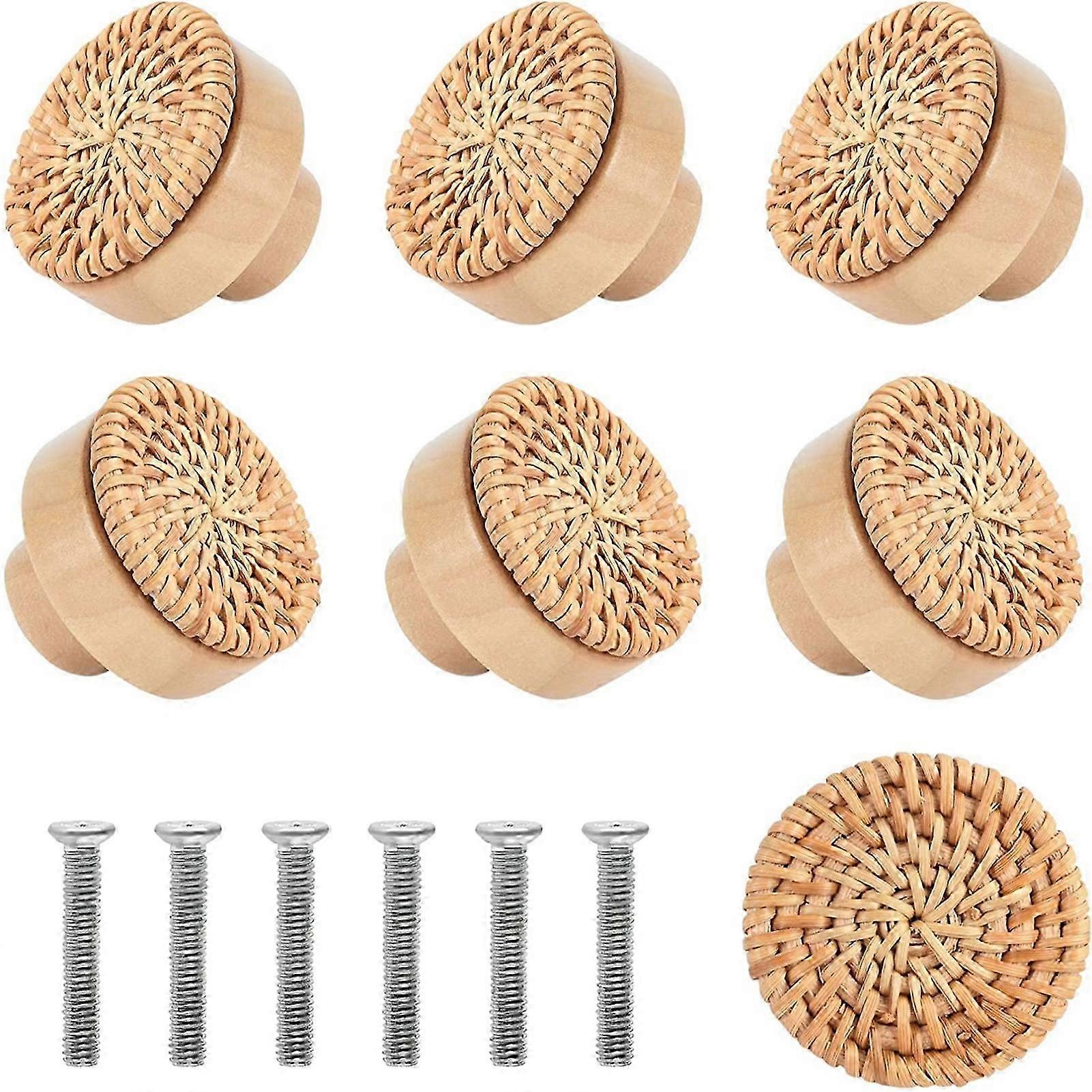 6PCS Retro Rattan Drawer Knobs Handmade Woven Boho Furniture Knobs for Home