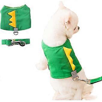 Dinosaur Shape Puppy Harness and Tie Down Set Green Cat Vest Harness with Walking Rope, No Pull Comfort Pet Vest (S)