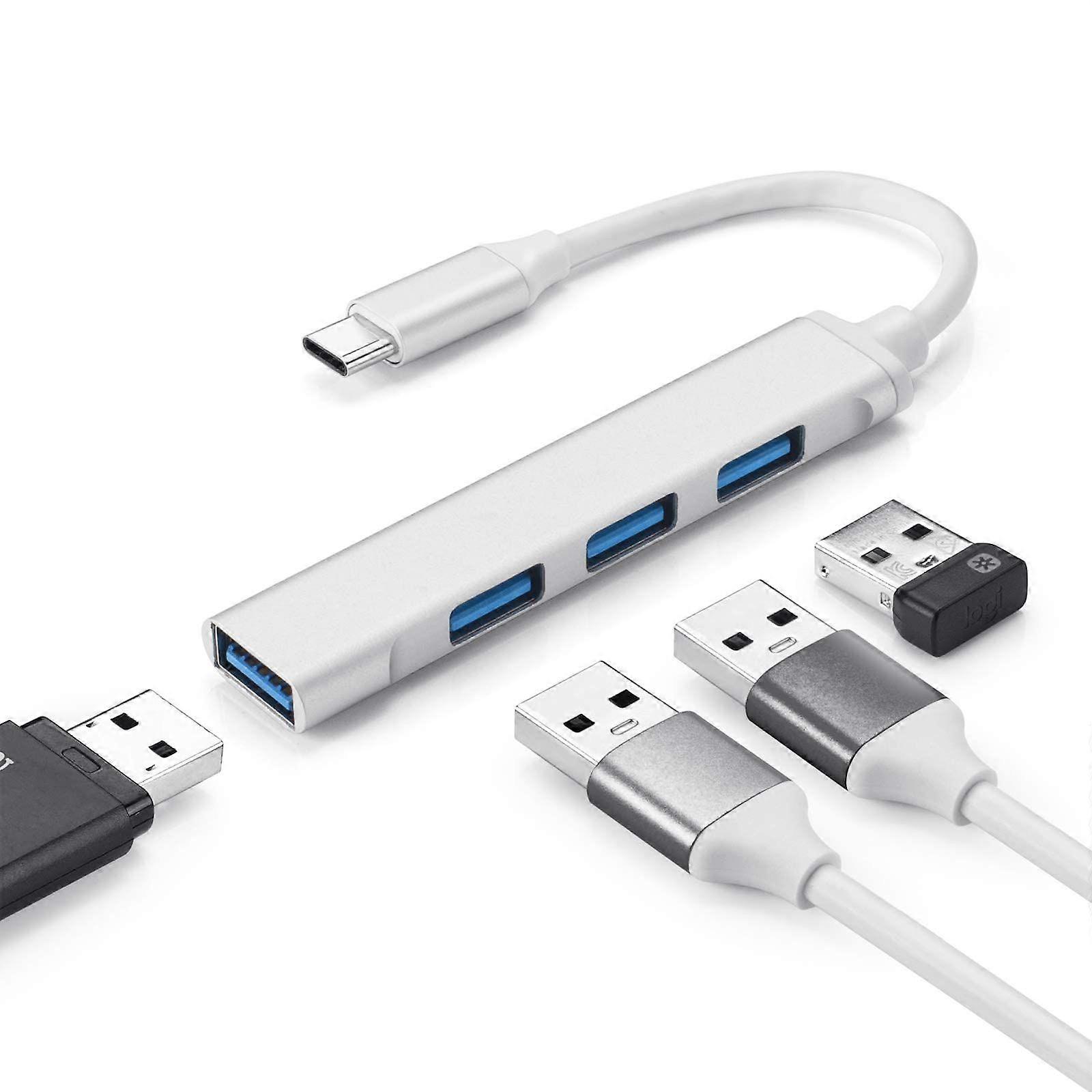 USB Hub Splitter Computer Adapter Charger Expander Silver Type-C