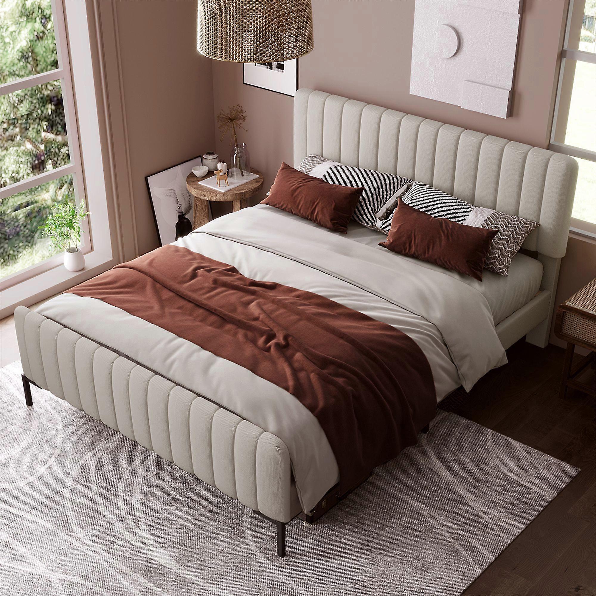 Double Bed Upholstered Bed Bed Frame Grey Beige Linen