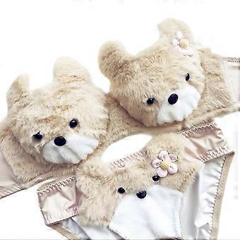Women's 2Pcs Furry Bra and Panty Set Big Eyes Bear Plush Brassiere Underwear Cartoon Anime Lingerie Cartoon Bikini Set erfg