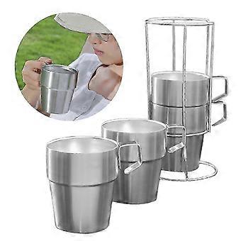 4-Pack Stainless Steel Double Wall Insulated Camping Cups with D-Shaped Handle & Stackable Holder,l