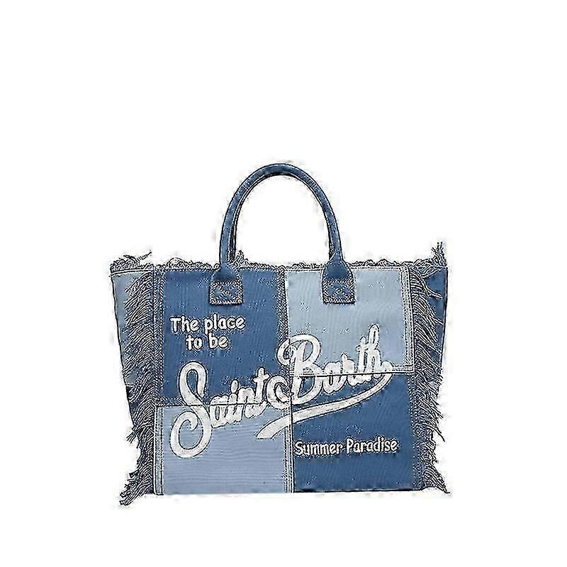 Grand sac de plage de grande capacité avec pompon fait à la main - Sac cabas en denim imprimé, couleur bleu.