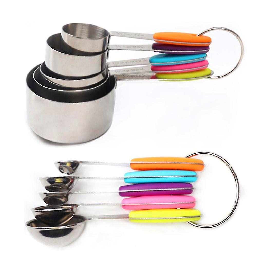 10pcs Stainless Steel Measuring Cups And Spoons Set With Scale Colorful Thickened Non-slip Handle Metal Ring For Kitchen-r