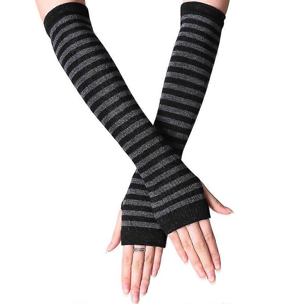 Womens Wrist Arm Warmer Mittens Long Hand Fingerless Striped Gloves