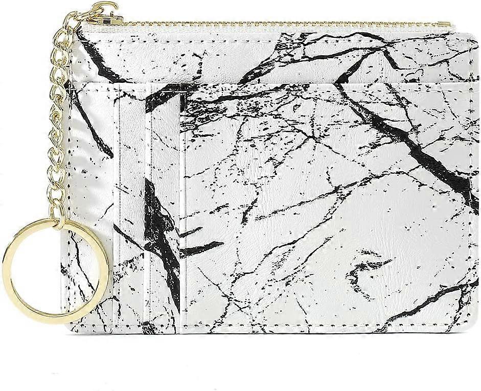 PU Zipper Coin Purse Print Zipper Card Holder with Key Chain Ladies Coin Bag(White)