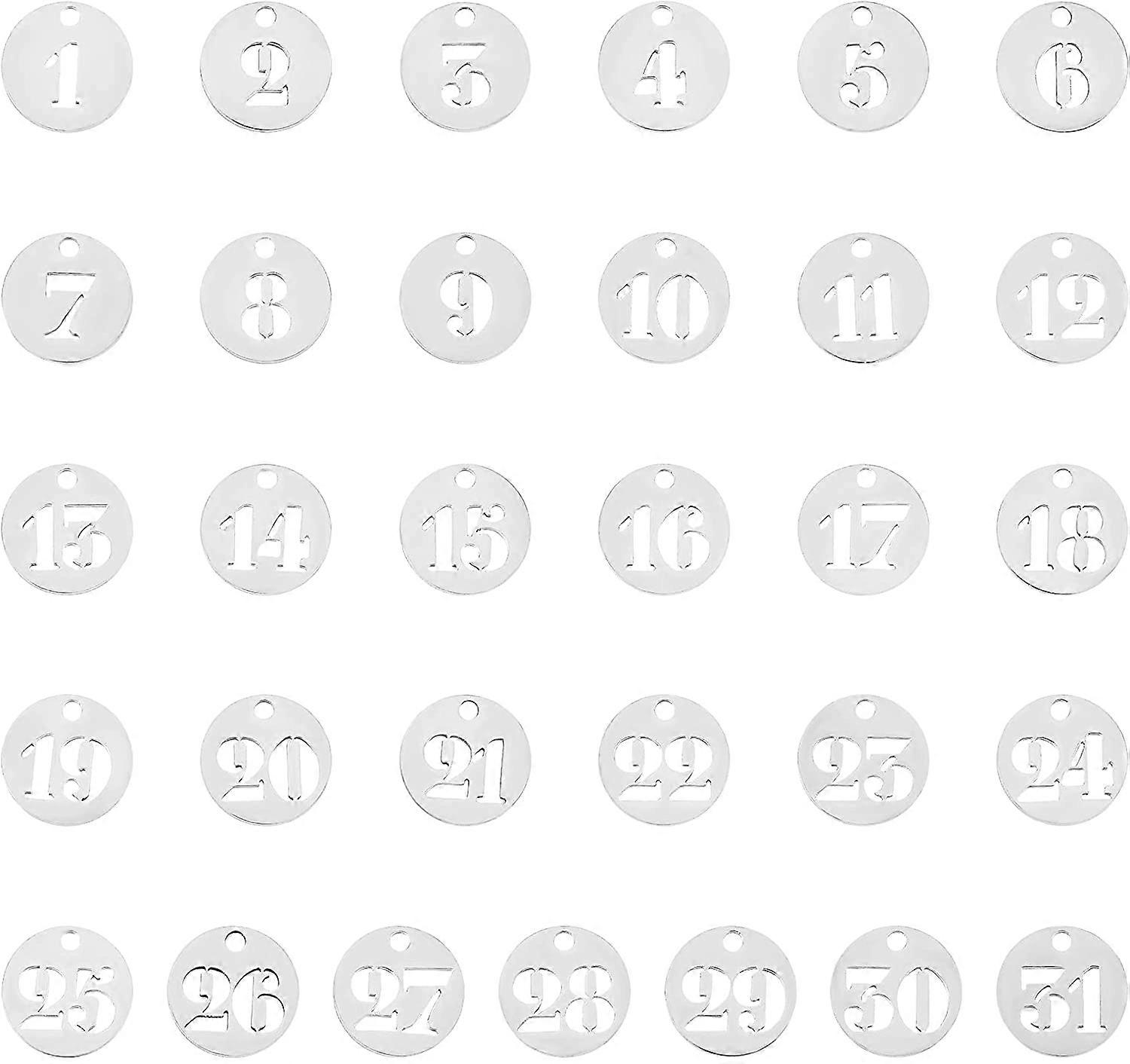 31pcs Flat Round with Number 1~31 Charm Stainless Steel Charms Lucky Numbers Pendants for DIY Jewelry Making Stainless Steel Color 19mm