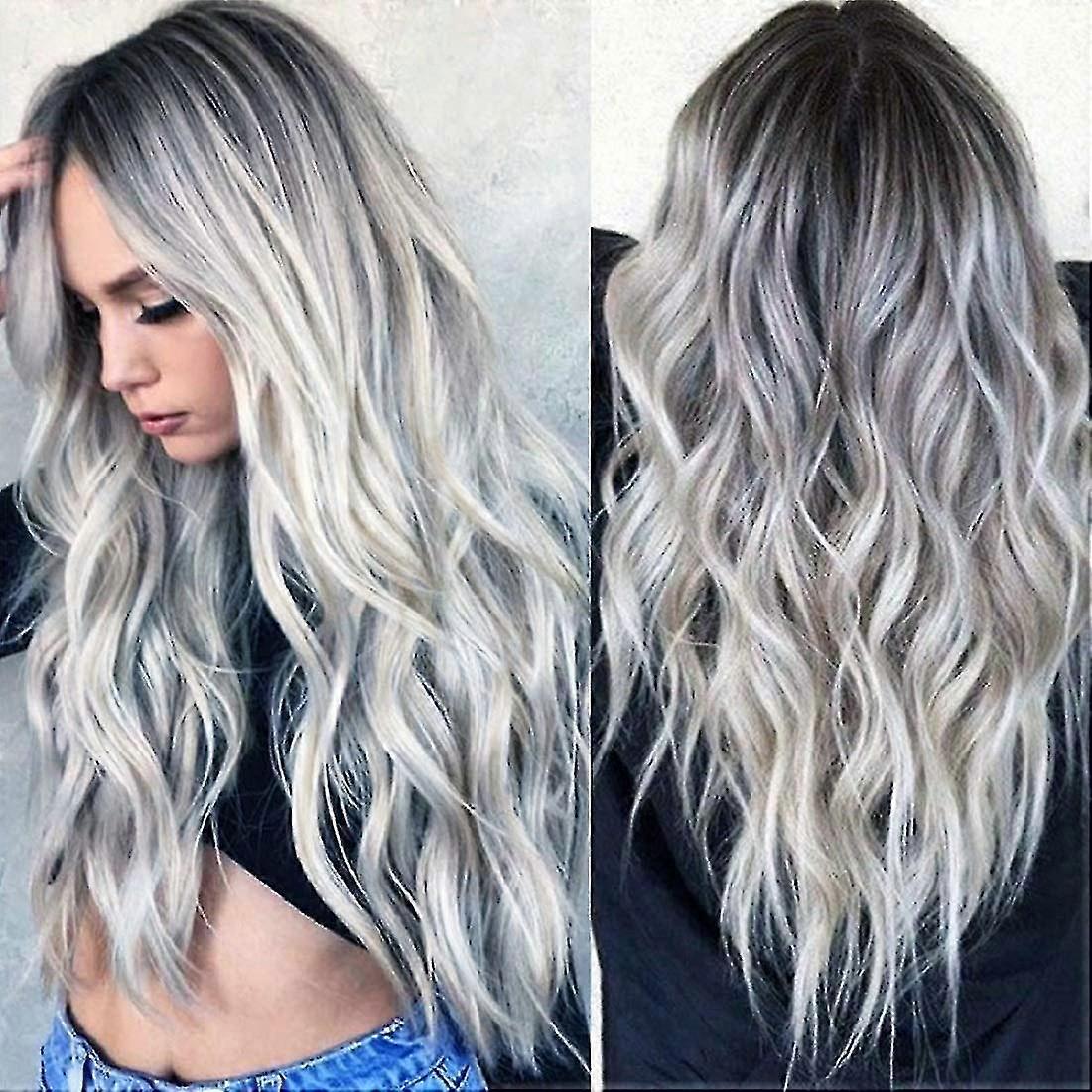 28"ombre wig silver gray long wavy wigs heat resistant synthetic natur