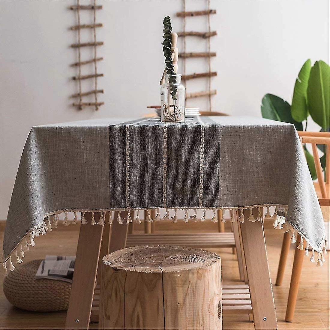 embroidery tassel tablecloth - cotton linen dust-proof table cover for kitchen dining room party home tabletop decoration, rectangle