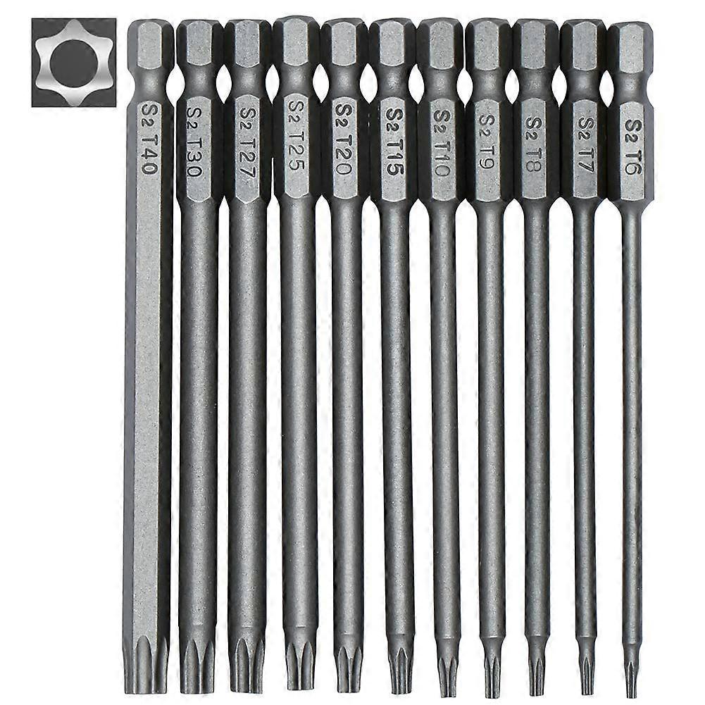 Set of 11 Long Torx Bits for Screwdrivers and Electric Screwdrivers - Magnetic Bits - 1/4" Hex Shank - Sizes T6 to T40 - Length 100mm