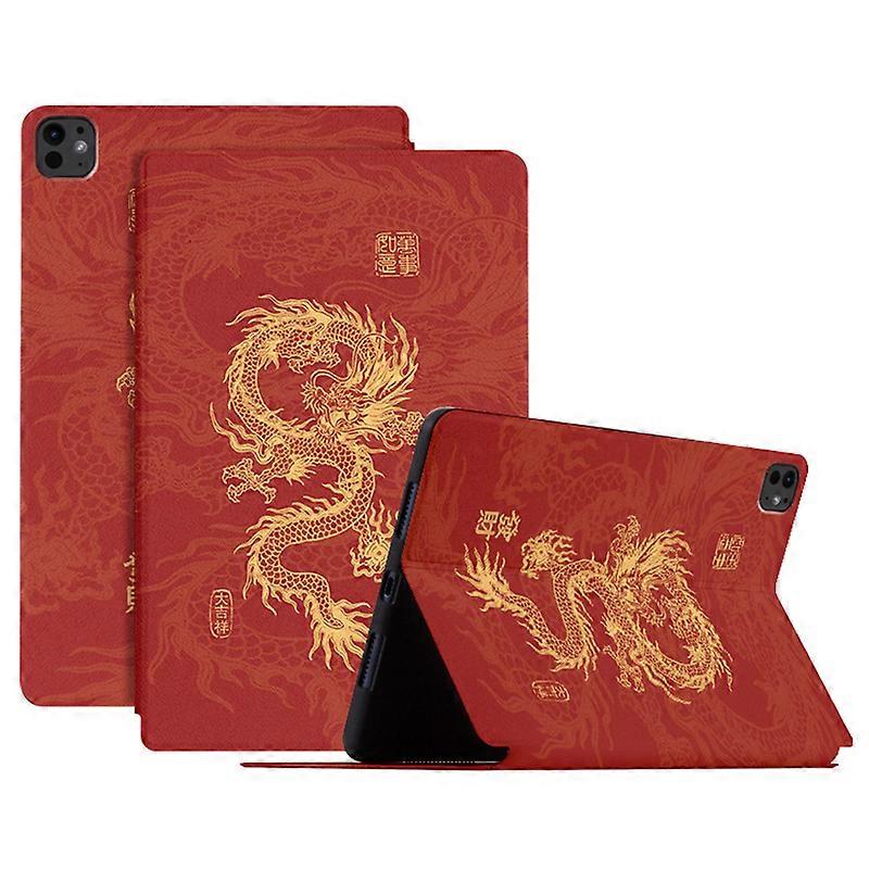 For iPad Pro 11 (2024) Case PU Leather Loong Pattern Stand Tablet Cover