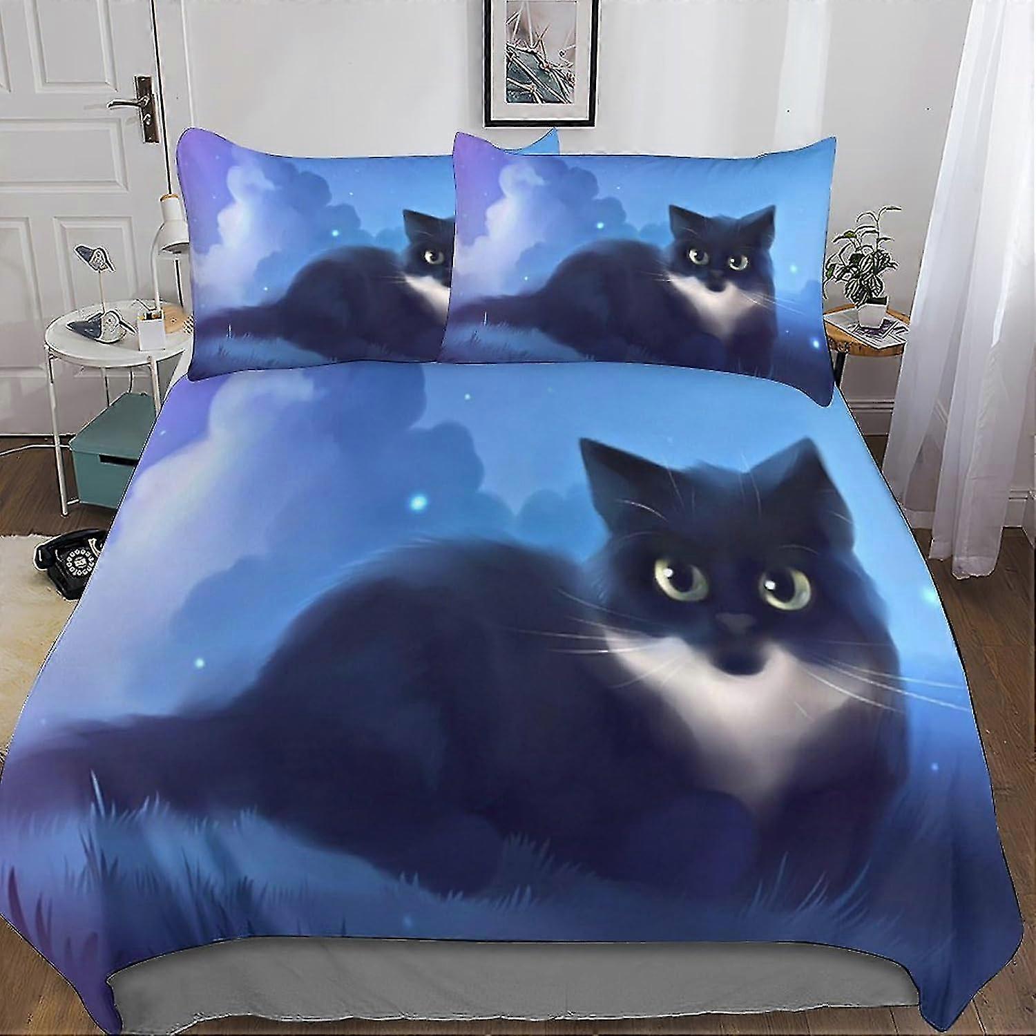 o5202 Lakan Tecknad katt sängkläder Set Påslakan 3-delad mjuk mikrofiber med dragkedja stängning för barn tonåring vuxen sovrum täcke täcke set säng hon