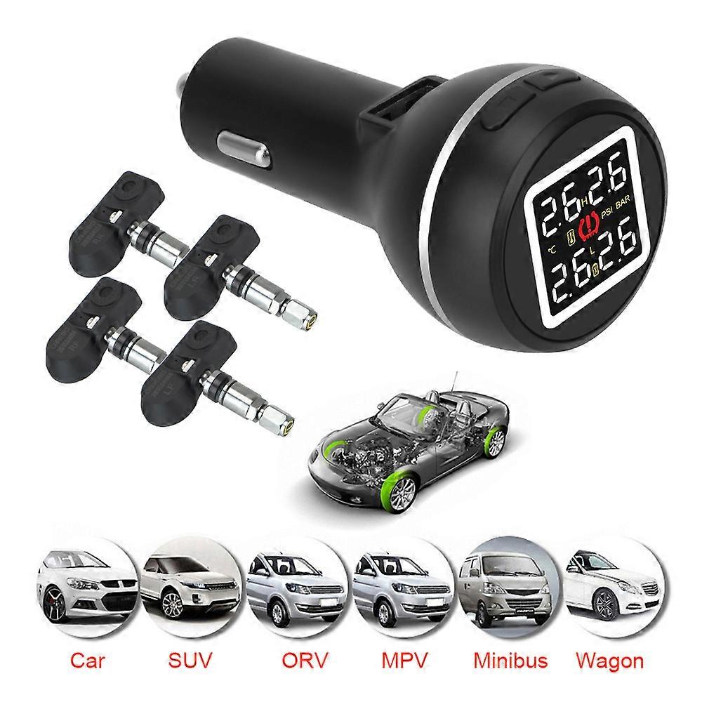 Save Fuel High Temperature Alarm with 4 Internal Sensors Car Tire Pressure Monitoring System TPMS Cigarette Lighter Type