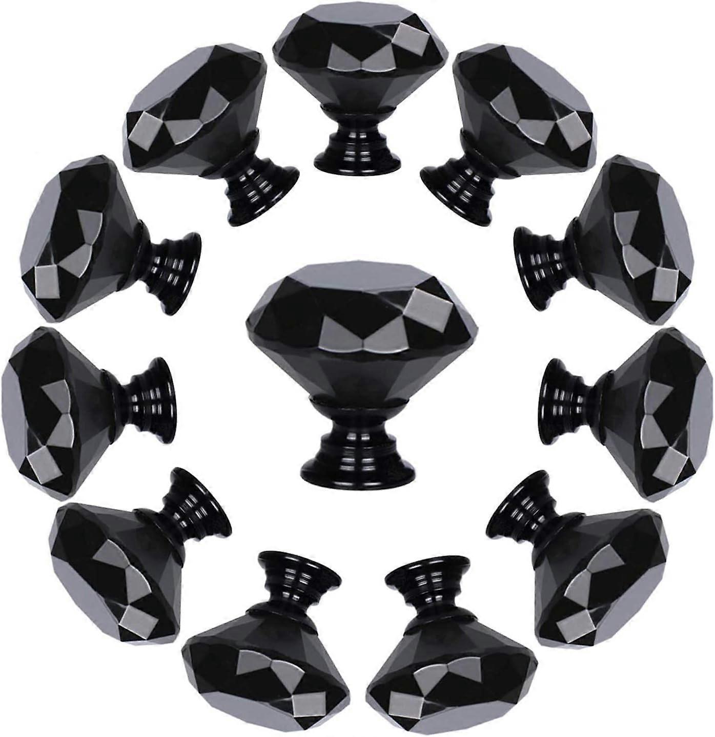 Set of 10 Diamond Shaped Crystal Glass Drawer Knobs (30mm, All Black) Cabinet Knobs Pull Handles