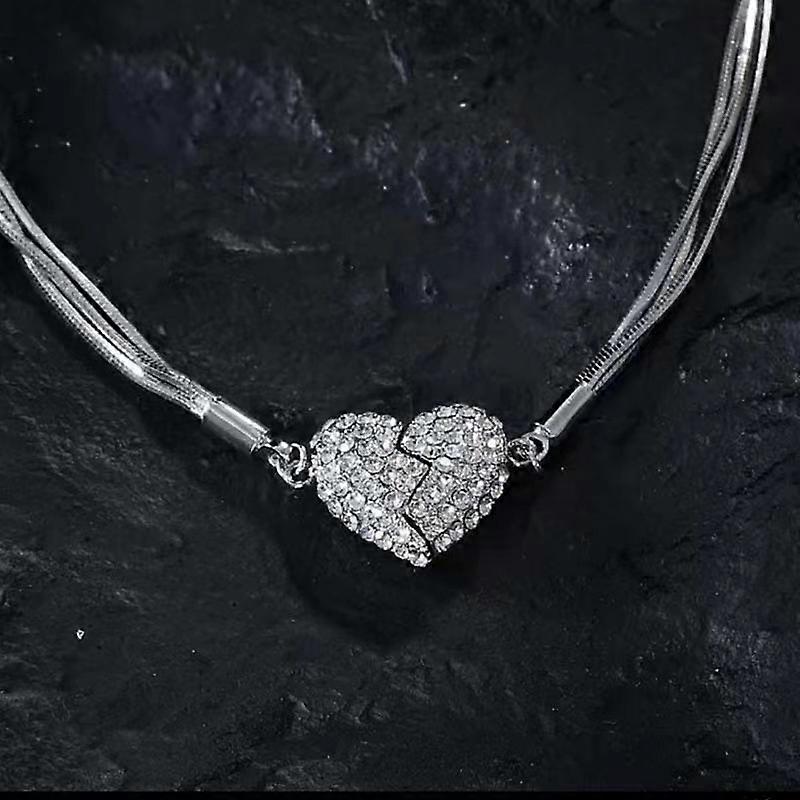 Diamond Heart Hematite Necklace with Multi-Layer Snake Bone Chain - Elegant Collarbone Necklace